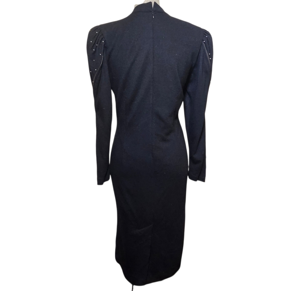 Vintage 80s Wool Black Dress - Womens Size S - Wool Dark Academia Deadstock Glam - Picture 10 of 14